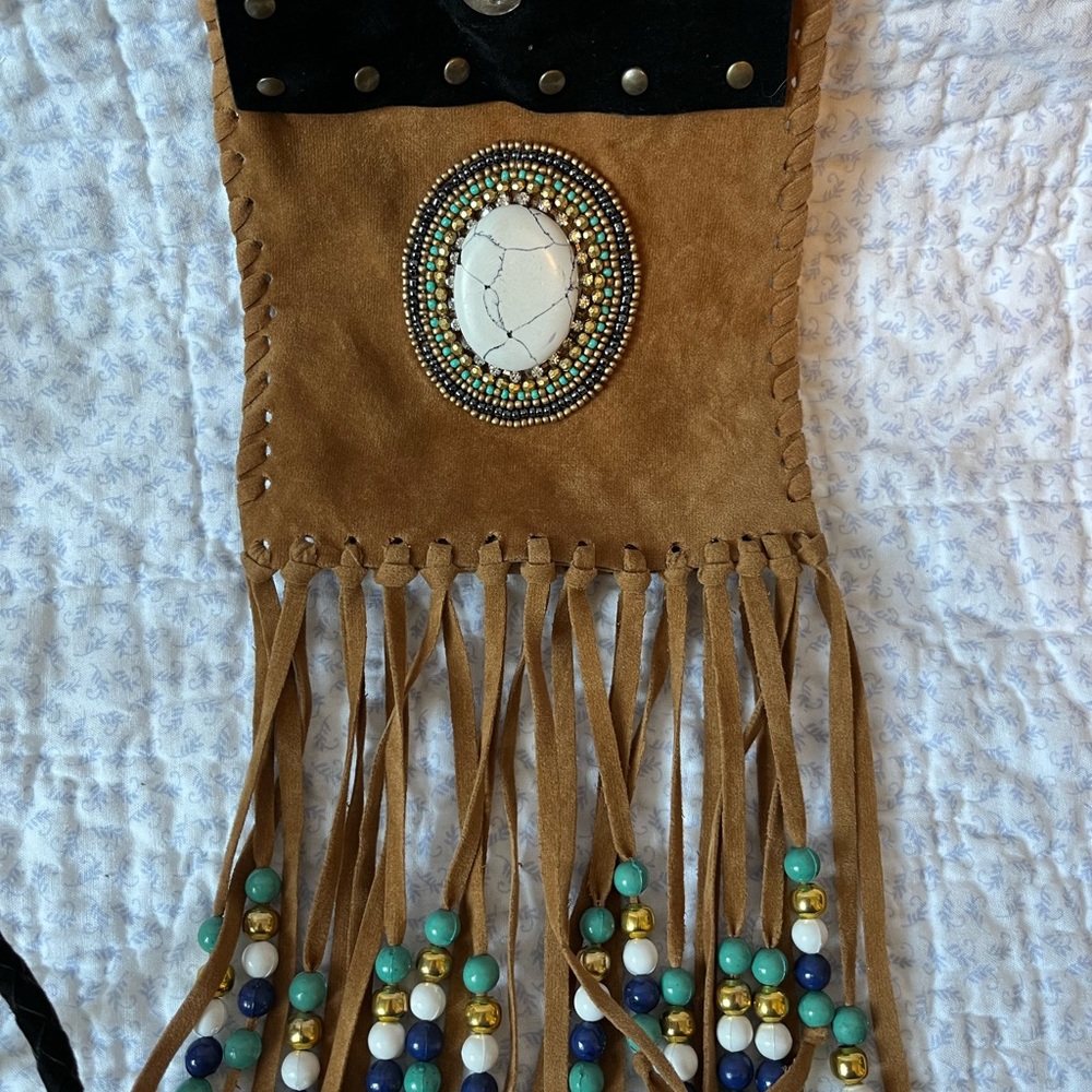Boho Beaded Fringe Suede Bag